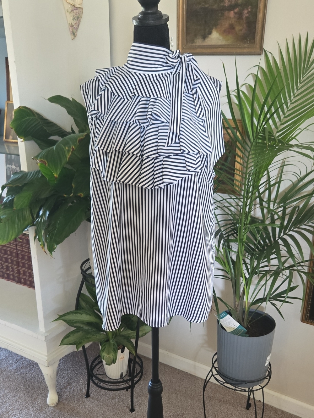 Banana Republic Black & White Striped Ruffle Tie-Neck Camisole